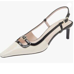 Pazzion Women Square Toe Stiletto Heeled Slingback Pumps Two Toned White Balck